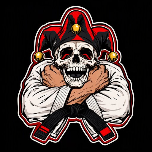 The Chokes & Jokes mark: a grinning jester skull in a gi